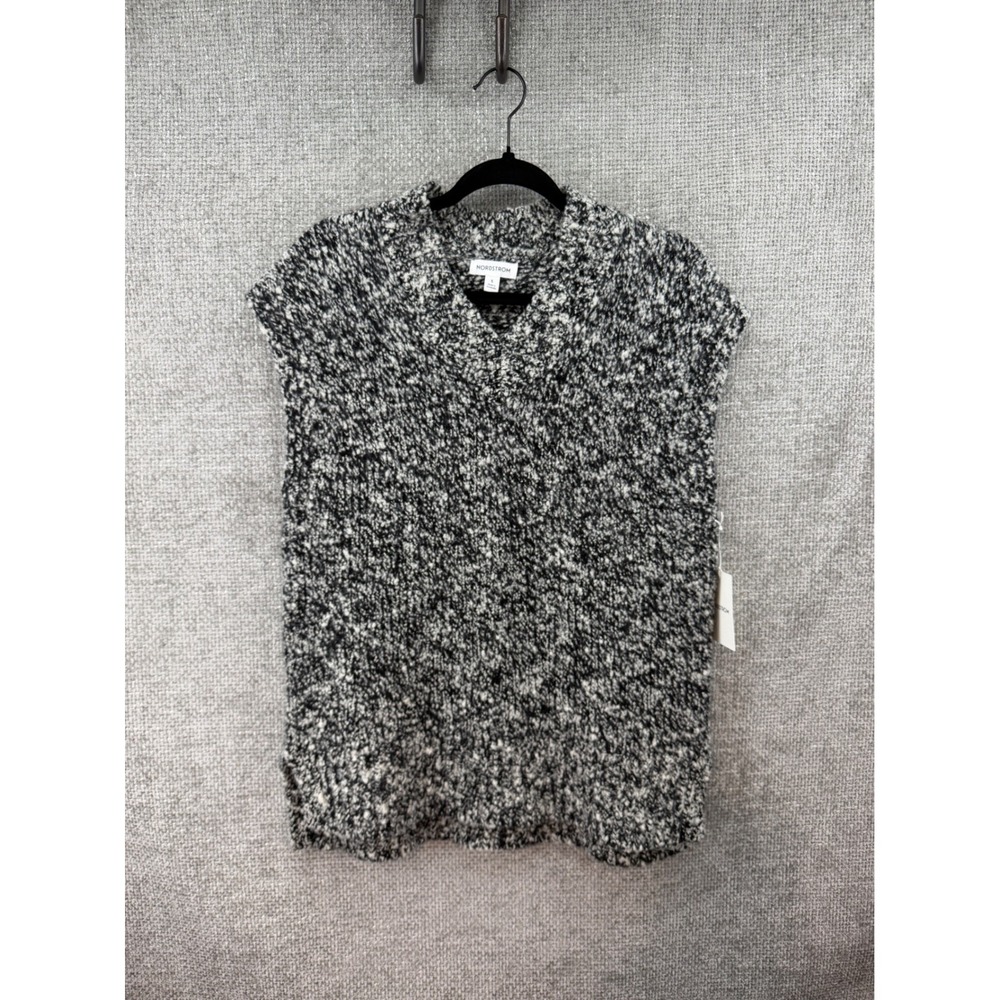 Nordstrom Sweater Vest Women's Small Black Ivory New Merino Wool Marl Knit